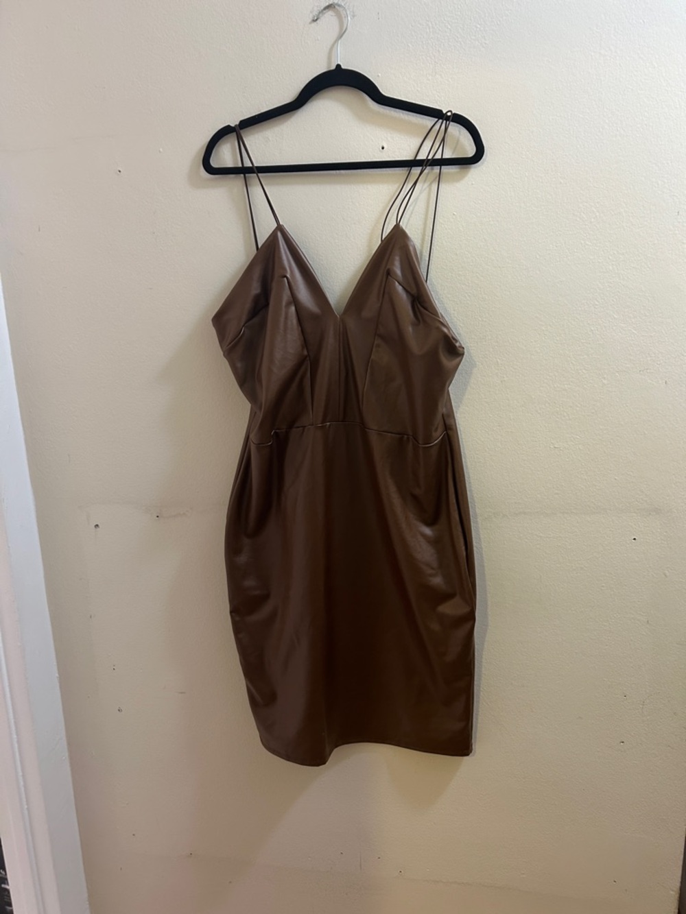 Ashley Stewart Brown Faux-Leather Spaghetti Strap Mini Dress